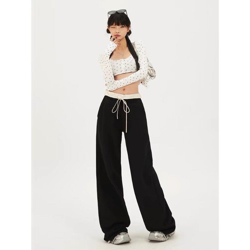 Deeptown Y2k celana Baggy perca wanita Harajuku hitam longgar kasual celana gaya Korea Streetwear mode estetika lurus