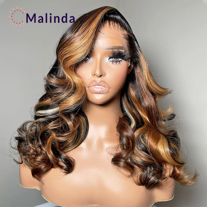 Pelucas de cabello humano para mujer, postizo de encaje Frontal transparente, color rubio resaltado, 5x5, sin pegamento, suelto, onda profunda