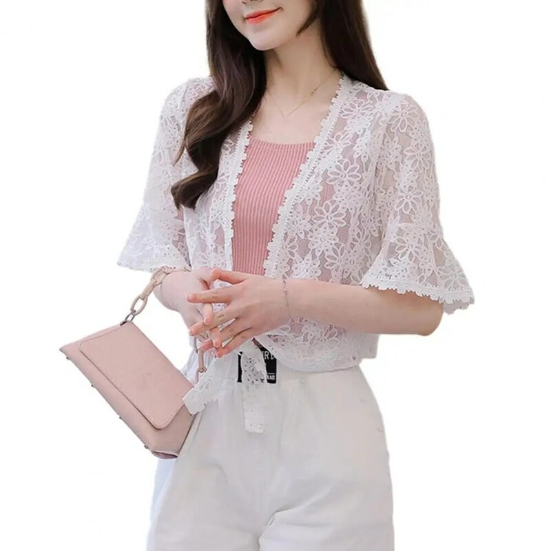 Kardigan renda berlubang tidak beraturan, mantel renda pendek wanita Korea lengan melebar warna hitam putih krem musim panas