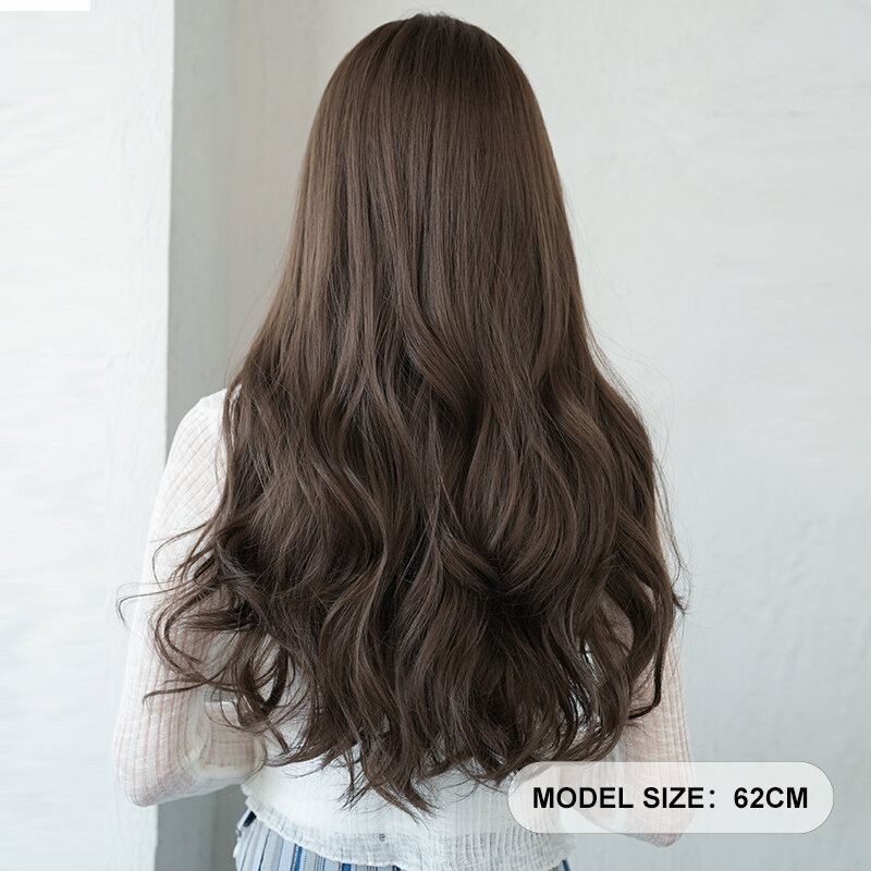 7JHH-Peluca de cabello sintético para mujer, cabellera artificial ondulado de alta densidad con flequillo limpio, color marrón, de alta calidad