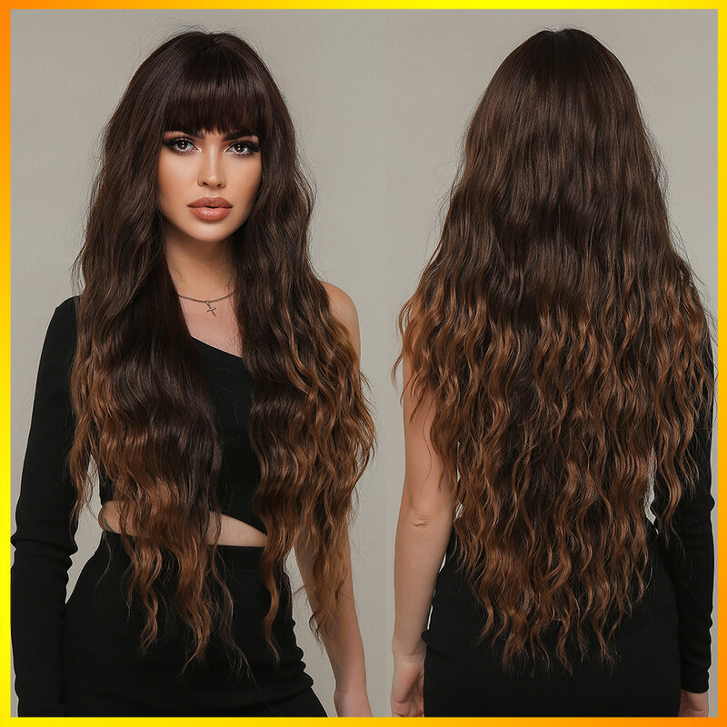 Czarno-brązowe długie faliste peruki z grzywką odporne na ciepło naturalne kręcone sztuczne włosy dla kobiet na imprezę Cosplay codziennego użytku