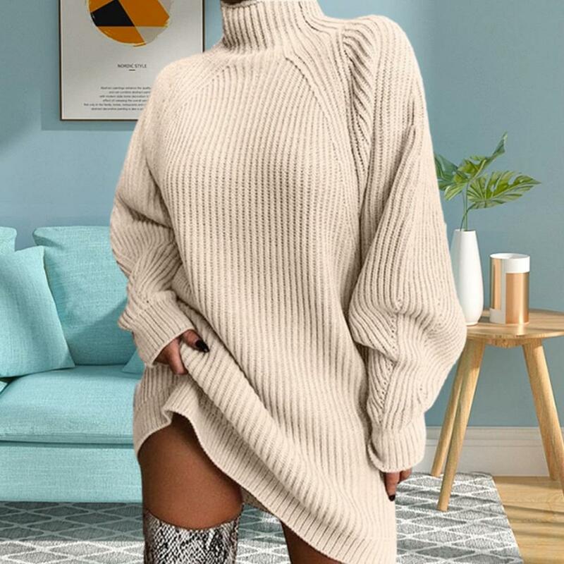 Теплое платье-свитер с высоким воротником, вязаный свитер, стильное теплое женское платье-свитер свободного кроя с высоким воротником и длинными рукавами для осени