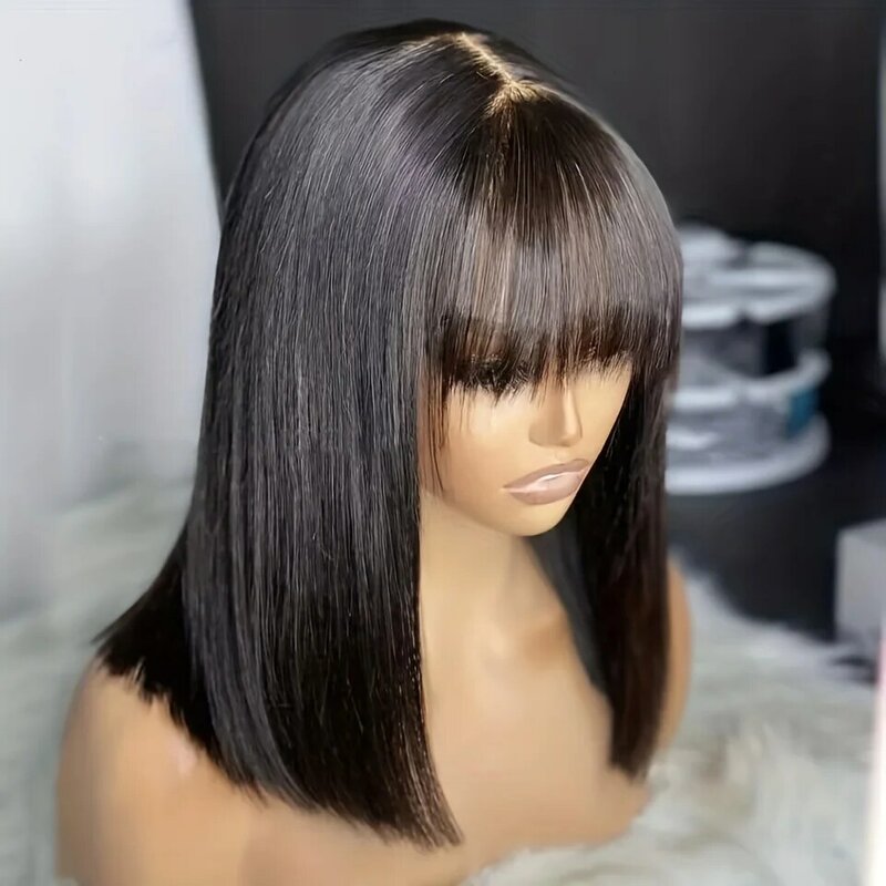3x1 koronkowe peruki z prostymi frędzlami ludzkie włosy dla czarnych kobiet bezklejowe krótki Bob ludzkie włosy krótkie proste Bob Hd koronkowa środkowa część
