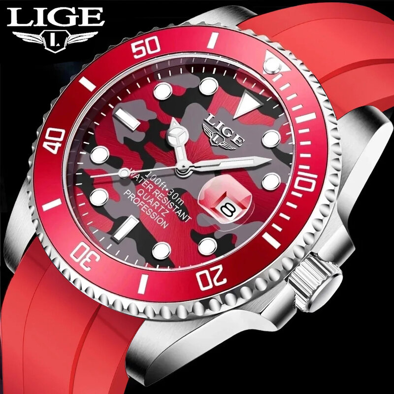 LIGE-Reloj analógico de silicona para Hombre, accesorio de pulsera de cuarzo resistente al agua con calendario, complemento masculino deportivo de marca de lujo con diseño de camuflaje, disponible en color rojo, nuevo