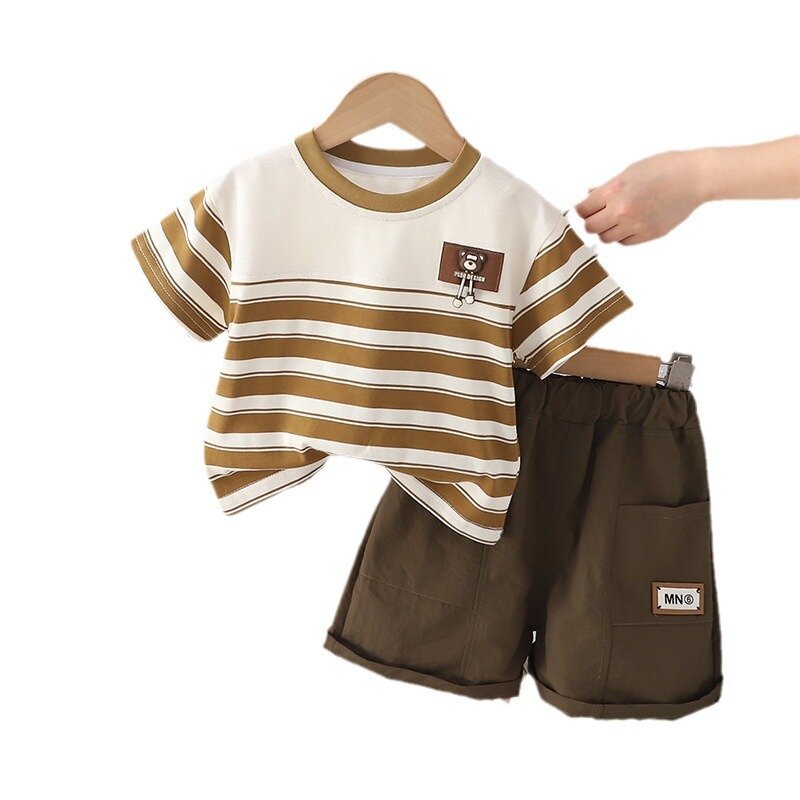 Conjunto de pantalones cortos estereoscópicos para bebé, traje de manga corta, rayas del Tesoro, cabeza de oso, verano, nuevo