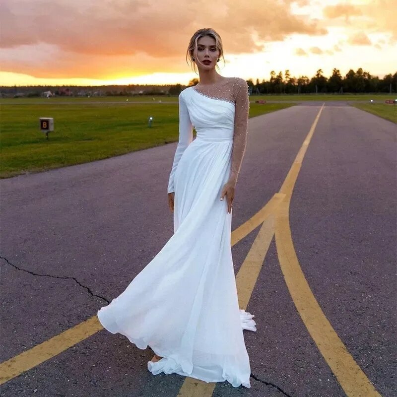 Женское свадебное платье It's yiiya, белое шифоновое платье на одно плечо в стиле модерн на лето 2024