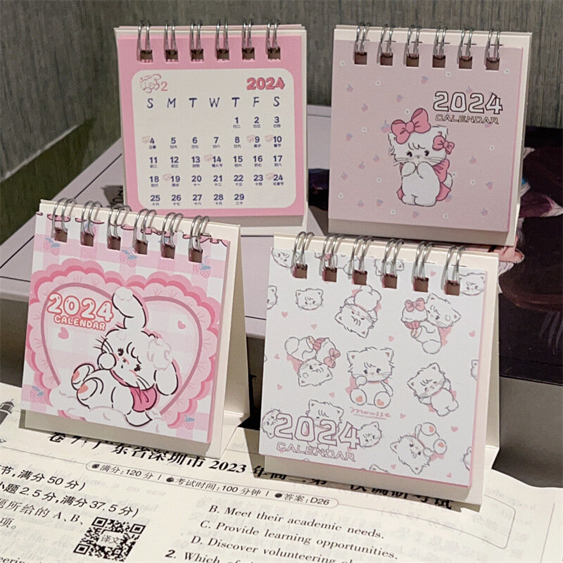 Desenhos animados gato rosa calendário, requintado e Minimal Desk, refrescante Mini Desktop Notes, bobina calendário livro, Office School Supplies, 2024