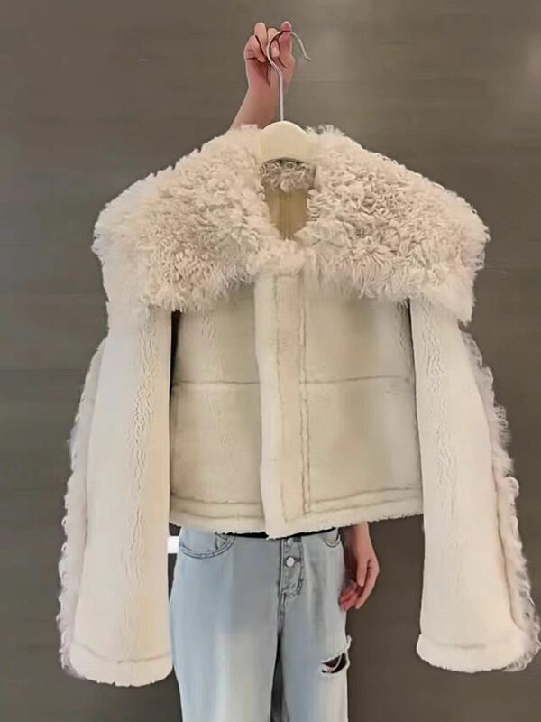 Giacca in pelliccia sintetica stile corto con risvolto grande con Design unico e sensazione di fascia alta, autunno e inverno delle donne nuovo 2024