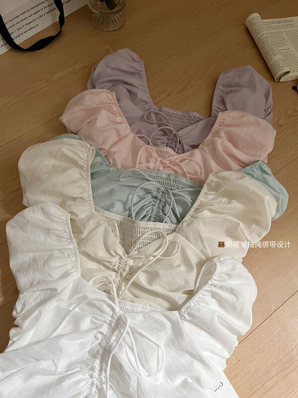 Fashion Casual Shirts 2000s Aesthetic Square Collar Drawstring Lace Up Blouses Gyaru Crop Top Simple Design Simple Classical Y2K