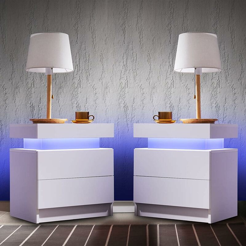 Table de chevet LED avec lumière LED, table de chevet, meubles de chambre à coucher, chevet, blanc, ensemble de 2