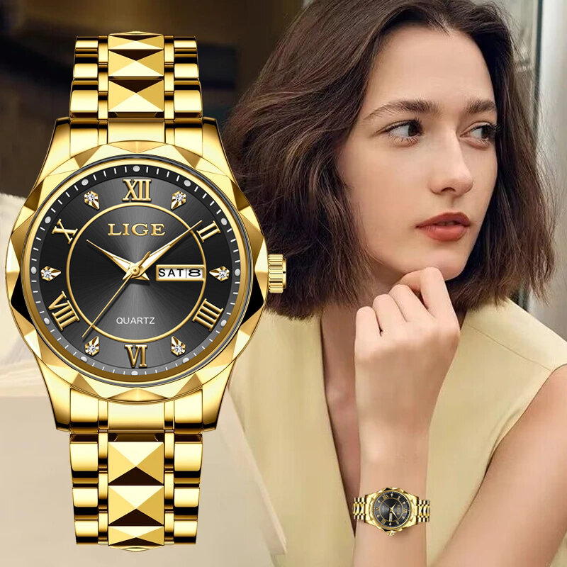 LIGE-Relógio de pulso feminino, Relógios de quartzo feminino, luminoso, Impermeável, Aço inoxidável, Dourado, Vestido, Luxo