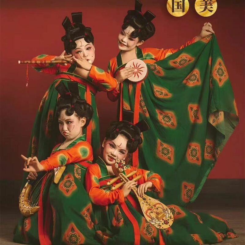 Dzieci Uigerl chińskie ubrania do tańca Hanfu Tang Dynatsy kostiumy na Halloween dla dziewczynek 2023 Hanfu chiński zielony sukienka dla dzieci