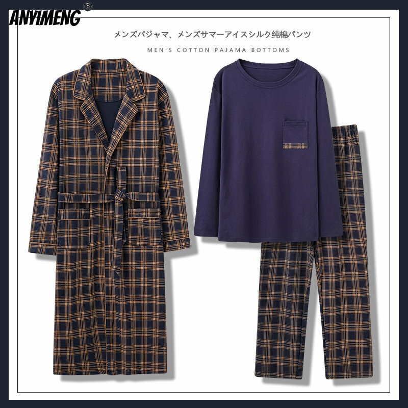 Novo outono inverno moda masculina 3 pçs robe + pijamas plus size 4xl conjunto de pijama xadrez robe longo sleeved pijamas de algodão macio