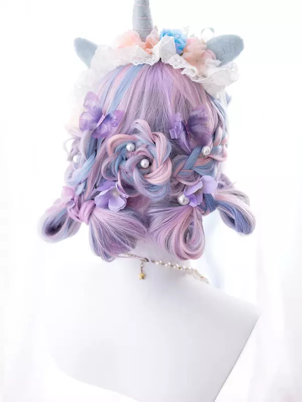 Parrucche sintetiche di colore tricromatico blu rosa viola da 26 pollici con parrucca di capelli ondulati naturali lunghi Bang per le donne Cosplay resistente al calore