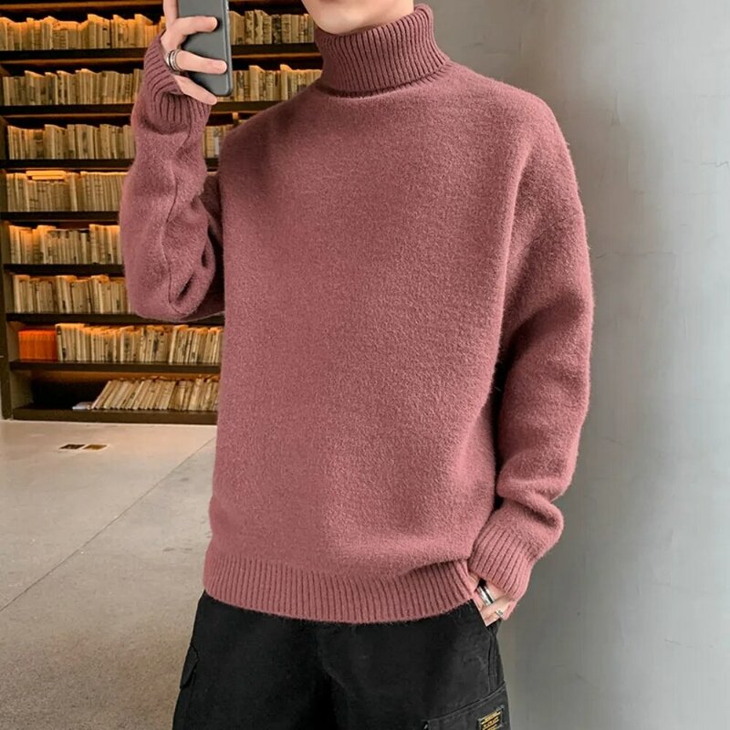 남성용 두꺼운 플리스 터틀넥 스웨터, 단색 슬림핏 따뜻한 라펠 스웨터, 스타일리시 남성 의류, 가을 겨울 신상