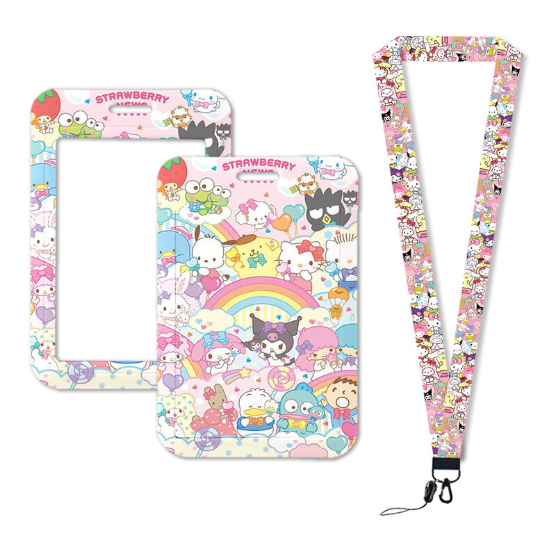 W Sanrio Tarjeta de comida de la Universidad de Hello Kitty, correa para el cuello, cordones, soporte para insignia de identificación, llaveros para niñas y estudiantes, accesorios para niños, regalos