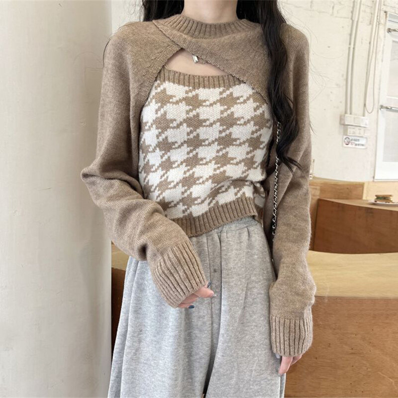 Fashion O-Neck Spliced Houndstooth Sweaters Female Clothing 2023 Autumn Winter Slim Knitted Korean Pullovers Irregular Tops