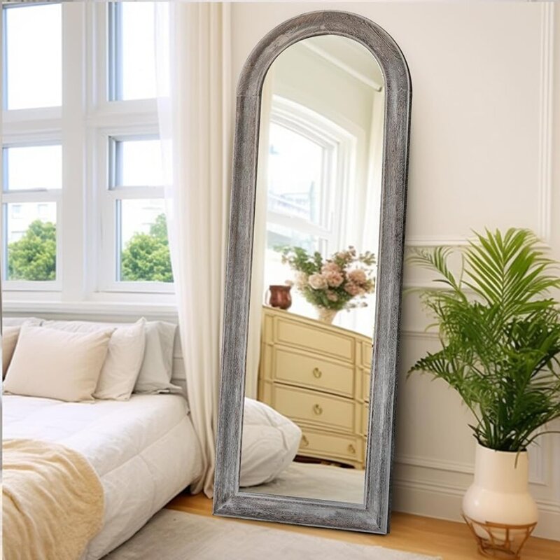 Espejo arqueado de longitud completa con soporte, marco de madera maciza, piso para espejo grande de sala de estar, dormitorio, colgante de pie, cuerpo elegante