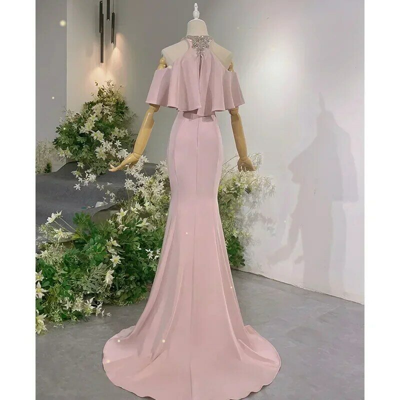 Женское платье для выпускного вечера, розовое платье-годе с оборками, без рукавов, с лямкой на шее, банкетное платье, свадебное и вечернее платье, женские платья