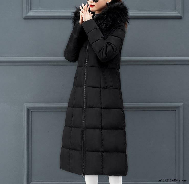 Parkas longas acolchoadas para mulheres, casaco monocromático, jaqueta preta, puffer, quente e grosso, inverno