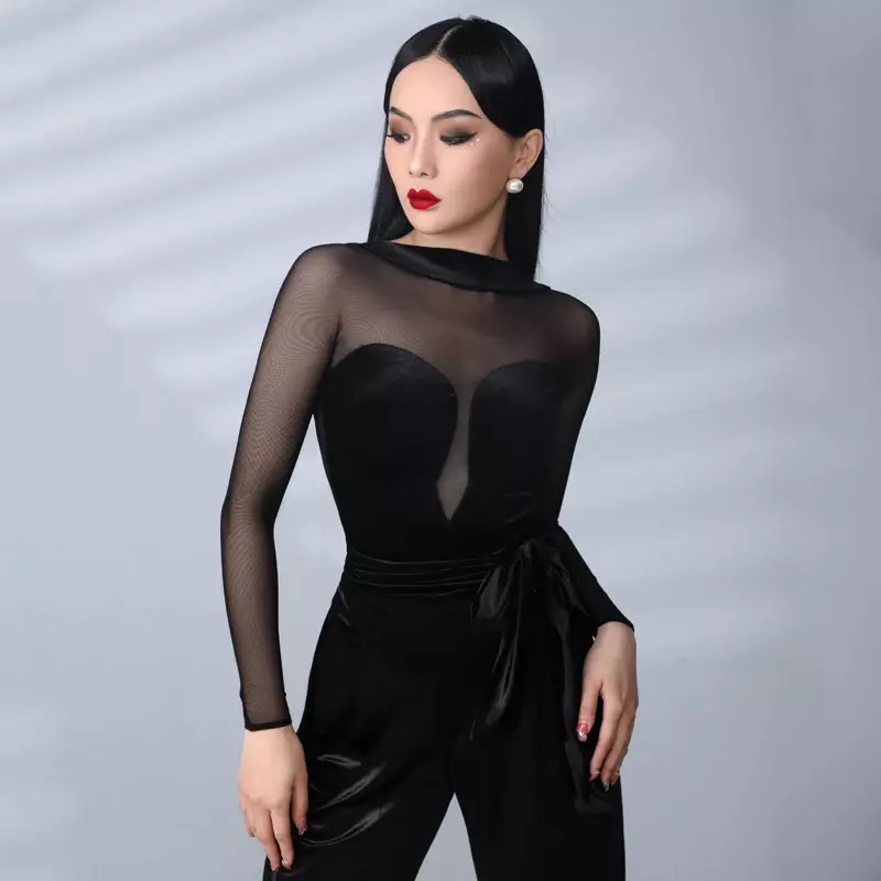 Women Ballroom Dance Competition Top Adults Modern Dance Top Training Clothes Sexy Mesh Sleeves Velvet Latin Dance Tops