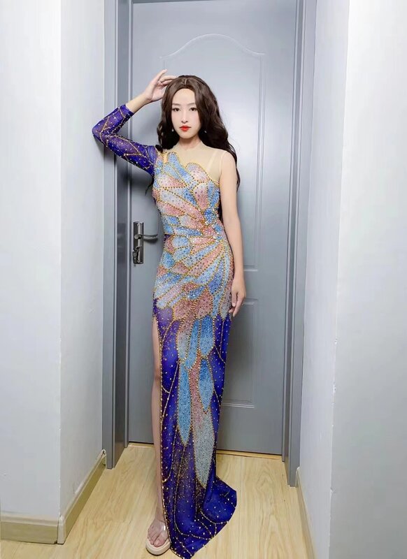 Single Sleeved Colorful Rhinestones Dress Women Party Long Dress Celebrate Evening Prom Dress Stage Festival OutfitXS6634