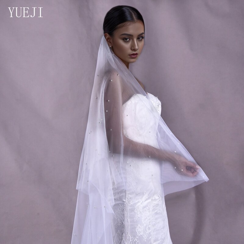 YUEJI Bridal Lace Pearl Veil Double Layer Blusher Cathedral White Veil Wedding Bridal Accessory With Comb Customizable 0114