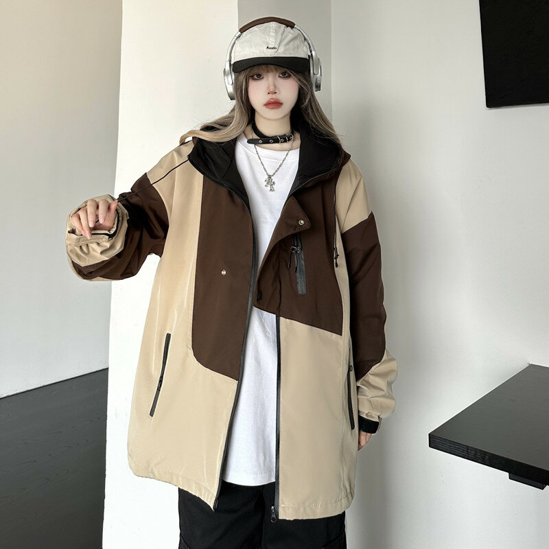 Women Coat Contrast Color Patchwork Hooded Jumpsuit For Women's Autumn Oversize Casual Mid Length Cardigan Jacket Trend