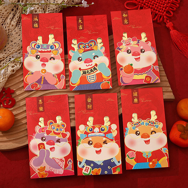 6PCS 2024 The Year Of The Dragon Red Envelope Creative Spring Festival Birthday Wedding Kids Gift Lucky Money Bag Red Packet