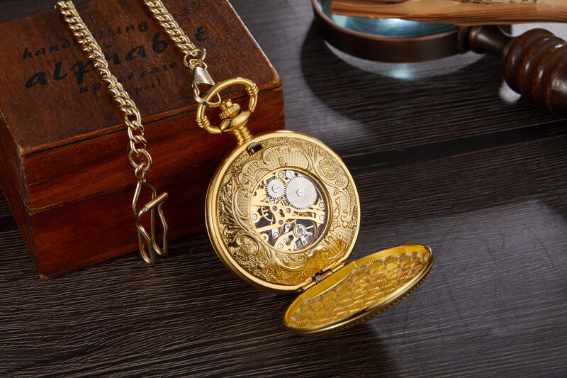 Luxury Gold Phoenix Manual Mechanical Pocket Watch Antique Double Open Face Roman Numerals Display Retro Hand-wind Pocket Watch