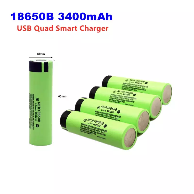 バッテリー充電器,Panasonic,3400 V,18650 mAh,1-10pcs ncr 18650b,3.7,USBクワッドスマートチャージャー用充電式リチウムイオンバッテリー