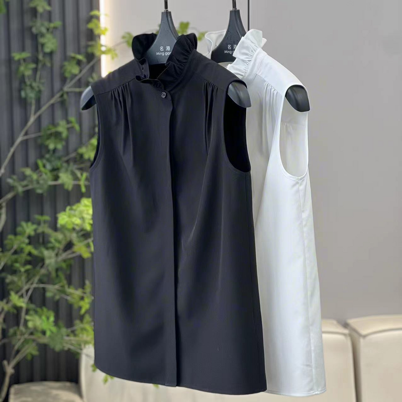 Camiseta sin mangas Design Sense para mujer, camisa informal Simple con cuello de encaje, Color sólido, 2024