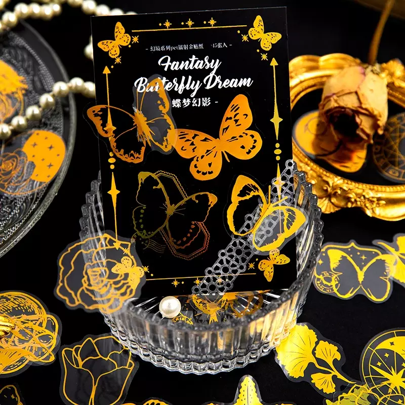 30 Stück Gold Laser Bronzing Aufkleber Hand Ledger Collage Material Schmetterling Pilze Papier dekorative Scrap booking 45mm