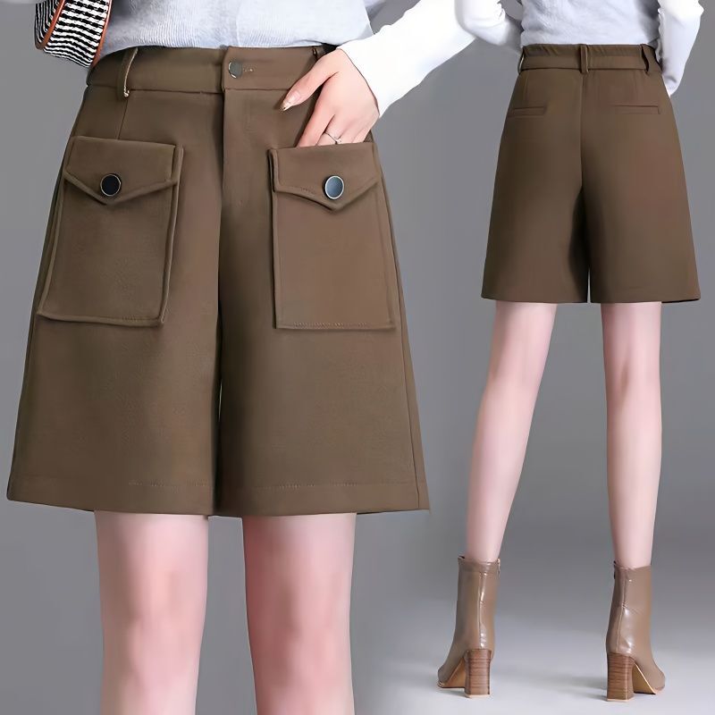 Calção de lã de cinco pontos feminino, versão coreana, versátil, com zíper, bolsos de botão, cintura alta, calça reta casual, moda