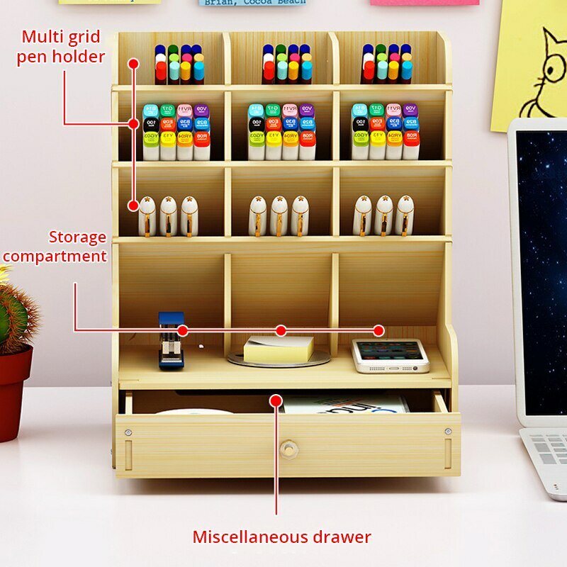 Organizador de escritorio de madera multifuncional, caja de almacenamiento de papelería para el hogar, suministros escolares, 1 unidad