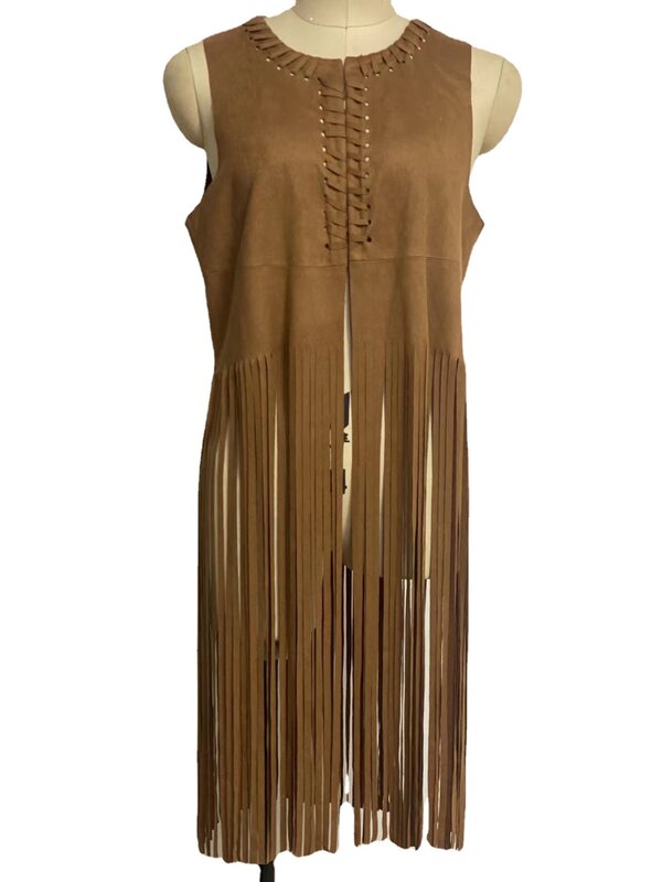 Женский замшевый кардиган, длинная замшевая накидка с бахромой и кисточками, модная верхняя одежда в стиле хиппи с отверстиями спереди