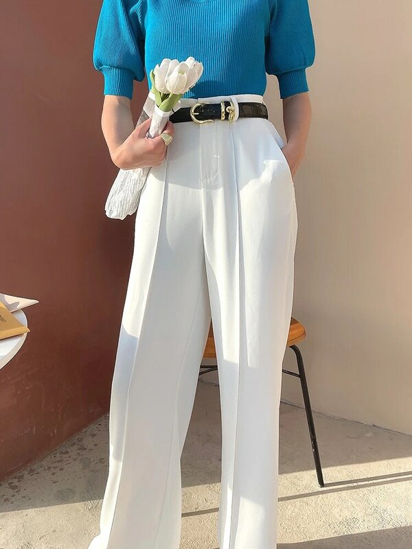 Woman Trousers High Waisted White New Summer Wide Pants Solid Leisure Korean Fashion Elegant Office Pants Women 2024