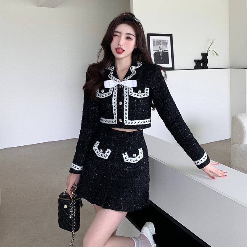 Fashion Small Fragrance Y2k Black Two Pieces Set Women Shorts Jackets + Mini Pleated Skirts Women Outfits 2023 Ins Korean Suit
