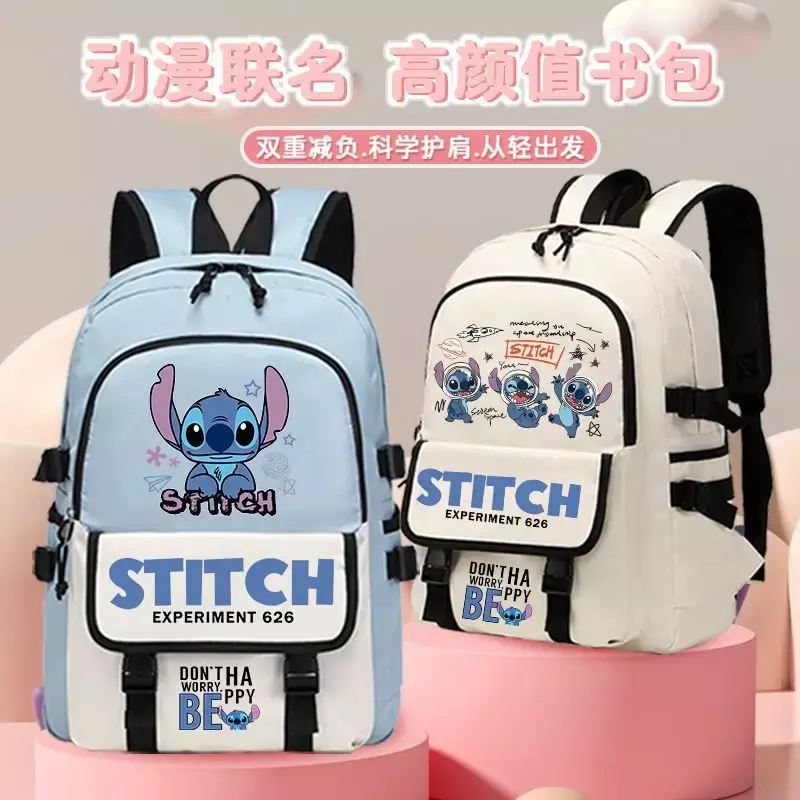 Disney Stitch Student Schoolbag, grande capacidade, almofada de ombro impermeável, bonito infantil mochila universitária, novo