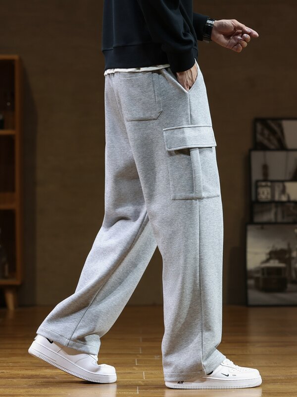 Calças masculinas de moletom com cordão multi-bolsos, calça casual com faixa, calças retas soltas, tamanho grande 8XL, nova, outono, 2023