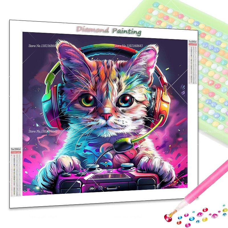 Lukisan berlian DIY hewan kucing bermain musik persegi penuh bulat 5D Berlian mosaik musik abstrak Kit lengkap Dekorasi Rumah