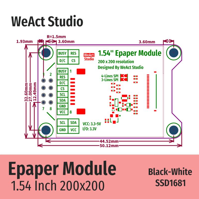 Tela de exibição WeAct Eink, módulo E-Paper, preto-branco, SPI, 1,54 ", 1,54"