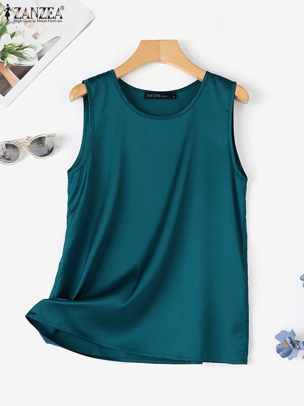 ZANZEA-Camiseta sin mangas con cuello redondo para mujer, camisa informal de trabajo de color liso, Blusa elegante de satén para fiesta, moda de verano