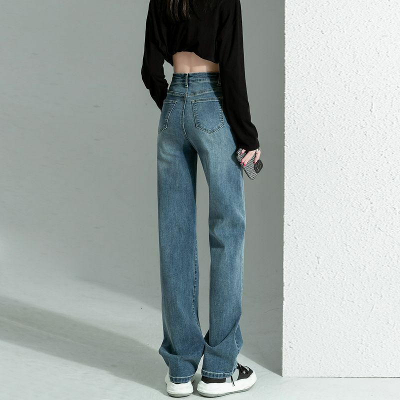 Calças soltas casuais de cintura alta nova feminina jeans retas vintage na primavera 2023