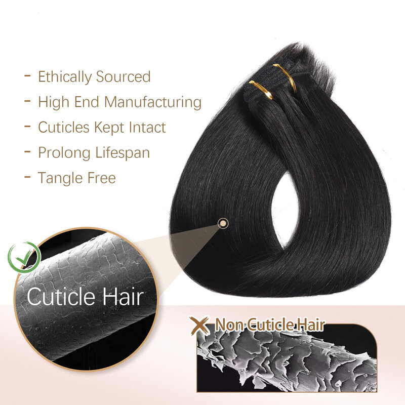 Klip lurus dalam ekstensi rambut manusia asli 100% klip rambut manusia dalam ekstensi # 1B ekstensi rambut lurus lembut manusia nyata