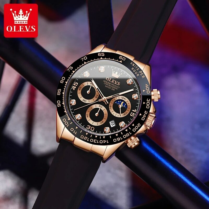 OLEVS New Sport Multifunctional Chronograph Quartz Watch for Men Silicone Strap Waterproof Luminous Date Moon Phase Wristwatch