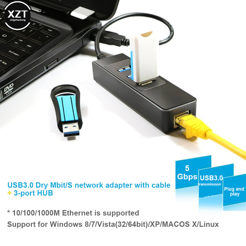 USB 3.0 para RJ45 Lan Ethernet Adapter, Placa de rede com fio, 1000Mbps, 3 Portas, MacBook, Laptop, Computador