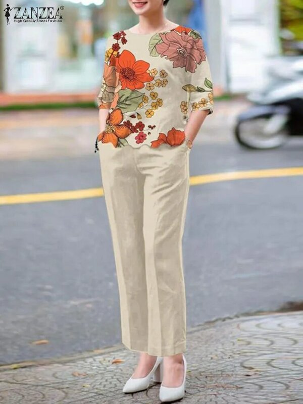 Костюм спортивный ZANZEA женский с круглым вырезом, Модный комплект из 2 предметов, блузка с коротким рукавом и брюки, элегантный повседневный костюм, Офисная Мода, лето 2024