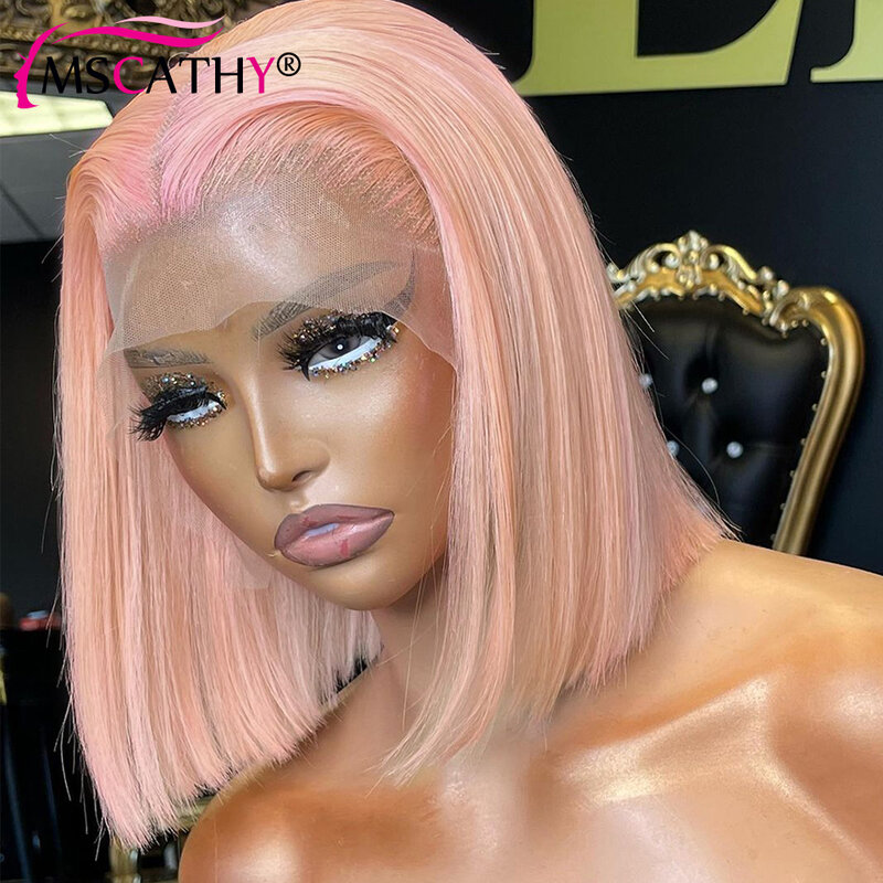 Wig Frontal renda berwarna Pink ringan Bob lurus pendek Wig rambut manusia Remy Brasil untuk wanita Wig Frontal renda transparan HD