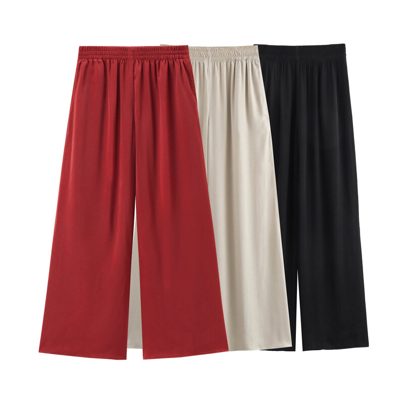 Pantalones informales de pierna ancha para Mujer, pantalón Retro con cintura elástica y bolsillo lateral, a la moda, 2024